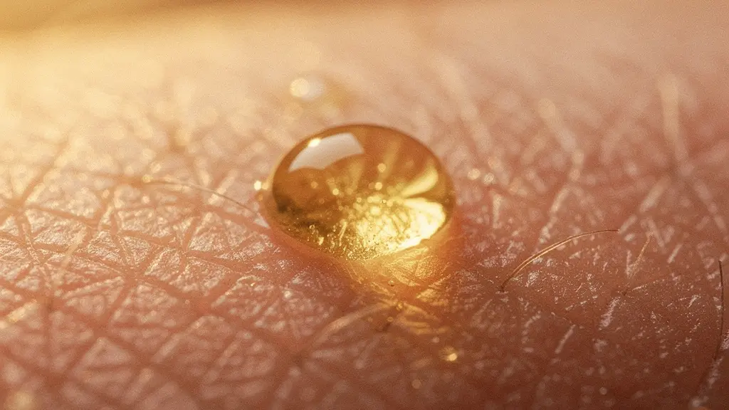 Makroaufnahme von goldenen Öltropfen auf samtiger Haut