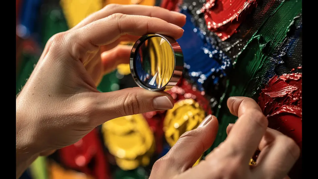 Makroaufnahme von Händen mit Lupe über Kunstwerk-Detail