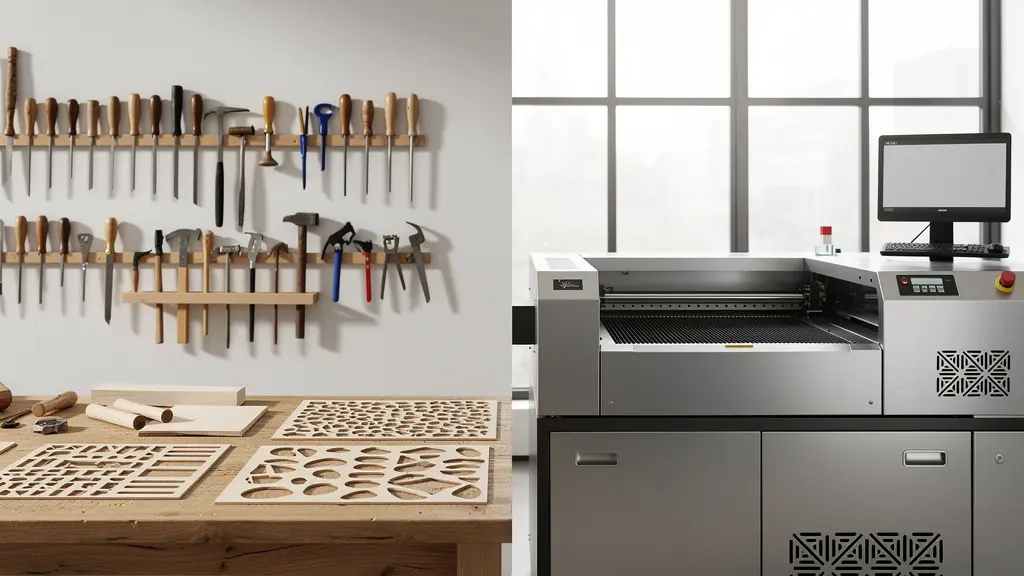 Werkstatt mit traditionellen Handwerkzeugen neben modernem Laser-Cutter