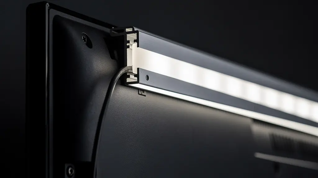 Detailansicht der LED-Streifen-Montage hinter einem Fernseher mit Aluminiumprofilen