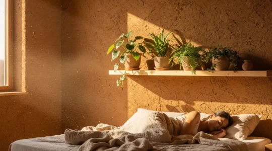 Modernes Schlafzimmer mit Lehmputzwänden in warmem Erdton für allergikerfreundliches Wohnen