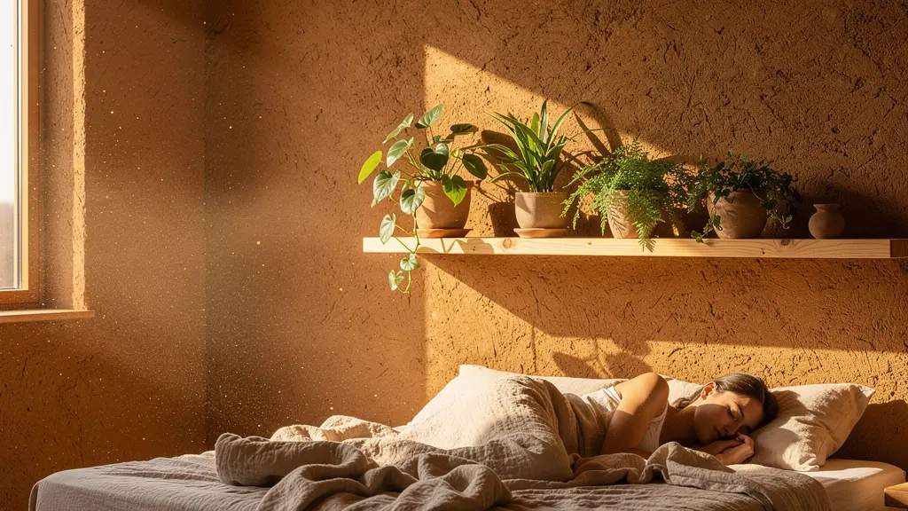Modernes Schlafzimmer mit Lehmputzwänden in warmem Erdton für allergikerfreundliches Wohnen