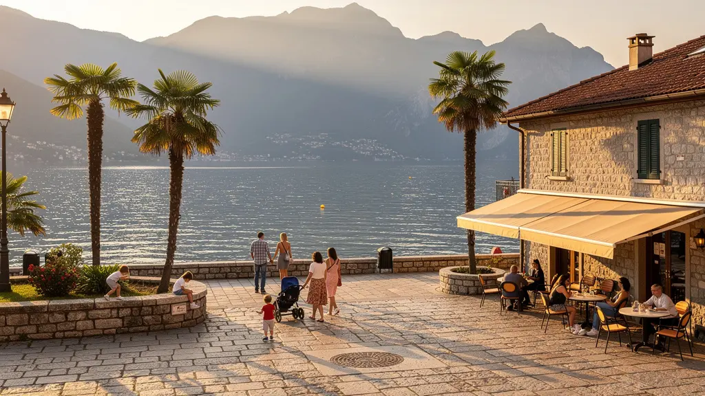 Sonnige Seepromenade mit Palmen am Lago Maggiore mit Familien zwischen mediterranen Häusern