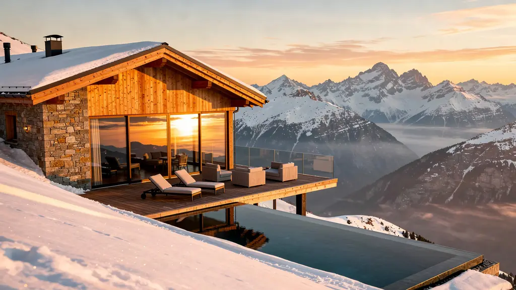 Modernes Luxus-Chalet mit Holzfassade und Panoramafenstern vor alpiner Bergkulisse bei Sonnenuntergang