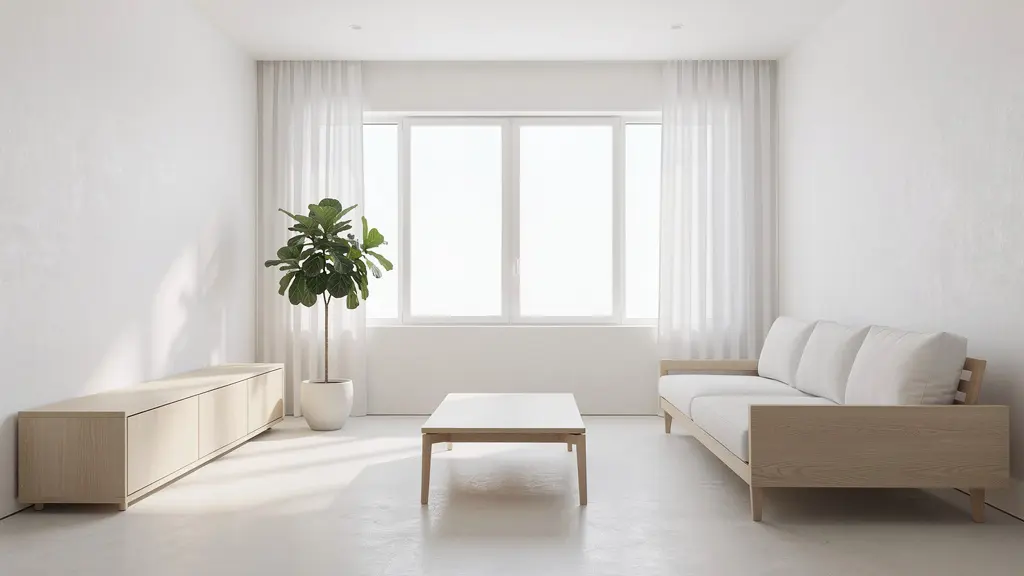 Aufgeräumtes, minimalistisches Wohnzimmer mit klaren Linien und freiem Energiefluss