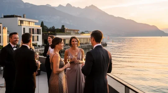 Elegante Networking-Szene auf der VIP-Terrasse des Montreux Jazz Festivals mit Blick auf den Genfersee