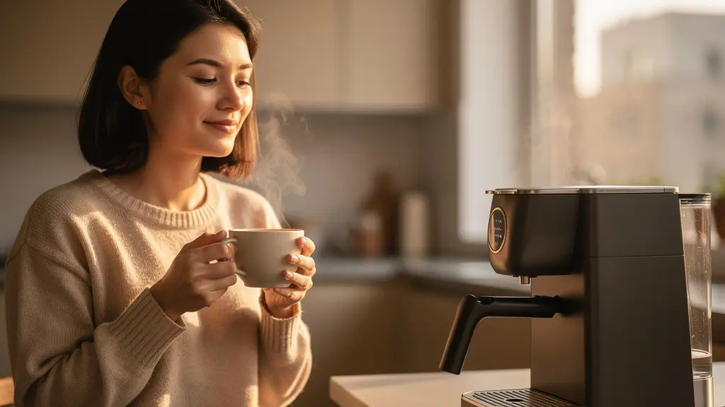 Person geniesst automatisch zubereiteten Kaffee in moderner Küche