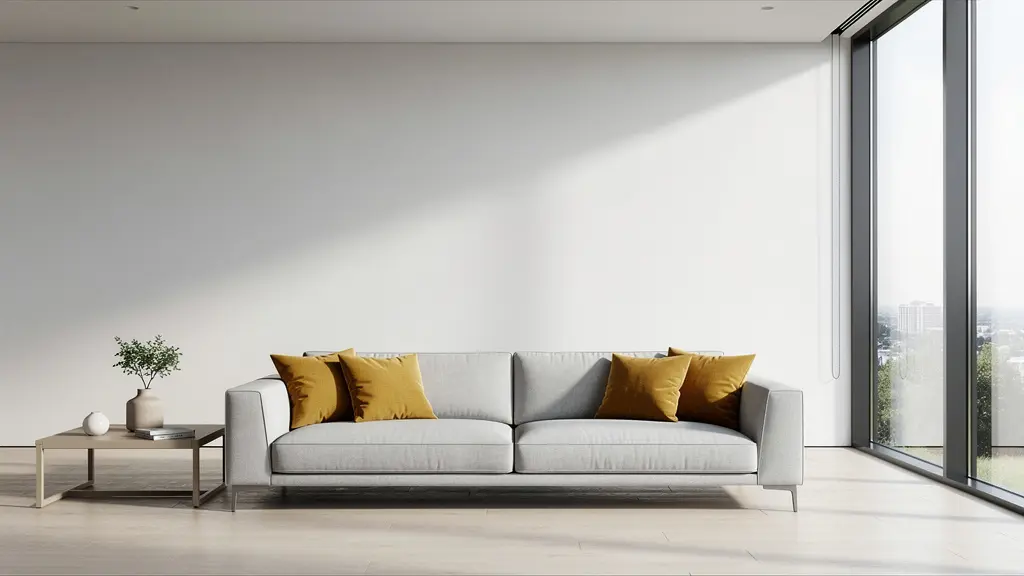 Neutrales graues Sofa mit senfgelben Akzentkissen in modernem Wohnzimmer