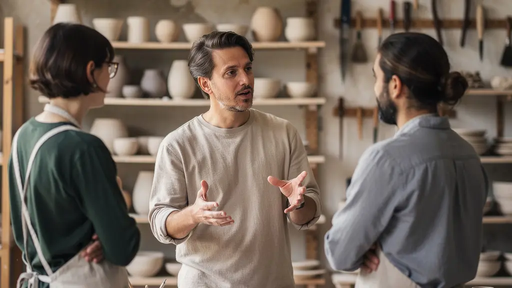 Besucher im Dialog mit einem Künstler in einem offenen Atelier