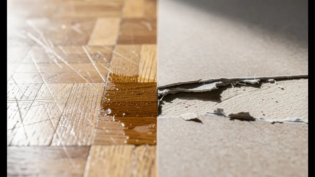 Makroaufnahme zeigt Unterschied zwischen repariertem Parkett und beschädigtem Vinyl