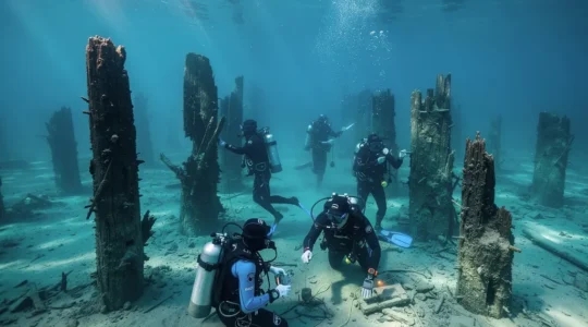 Archäologische Taucharbeiten an prähistorischen Pfahlbauten im Bielersee mit Unterwasserfunden