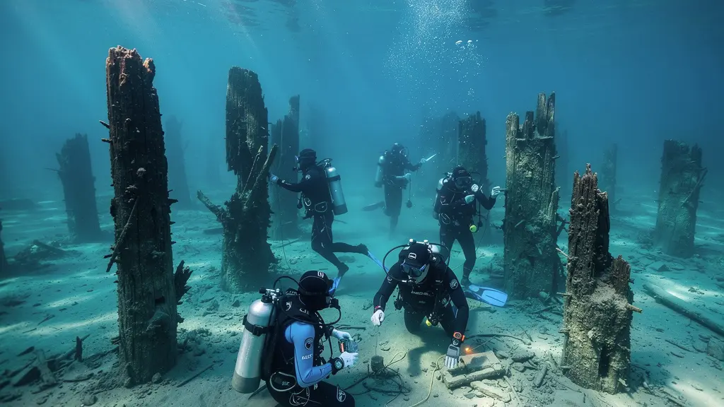 Archäologische Taucharbeiten an prähistorischen Pfahlbauten im Bielersee mit Unterwasserfunden