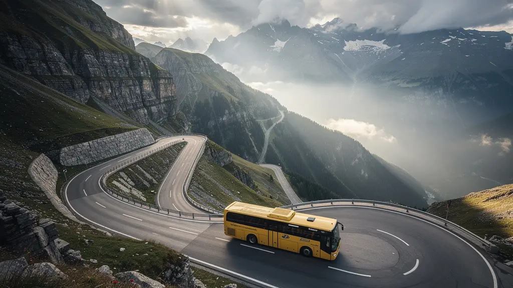 Ein ikonisches gelbes Postauto fährt auf einer kurvenreichen Bergpassstrasse vor einem majestätischen Alpenpanorama.