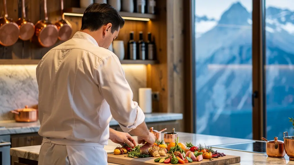 Privatkoch bereitet Gourmet-Gericht in offener Chalet-Küche mit Bergblick zu