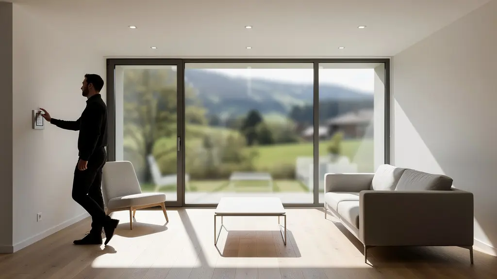 Minimalistische Innenraumaufnahme mit LED-Lampen und natürlichem Tageslicht