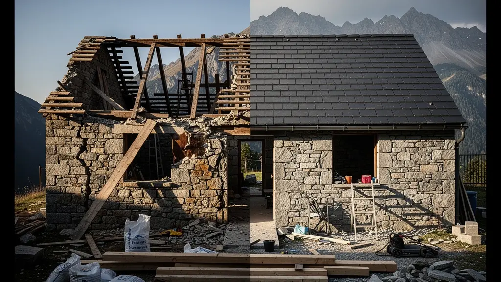 Verfallenes Tessiner Steinhaus mit traditionellem Schieferdach in Renovierung