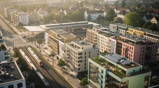Moderne Wohnsiedlung in S-Bahn-Nähe mit Blick auf Bahngleise und städtische Skyline