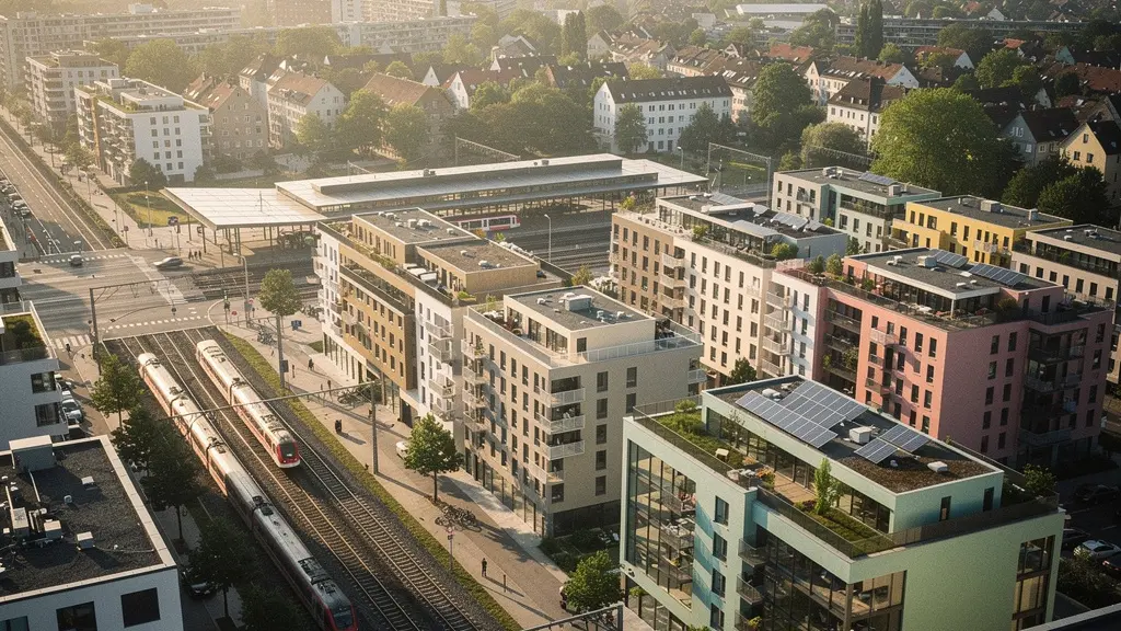 Moderne Wohnsiedlung in S-Bahn-Nähe mit Blick auf Bahngleise und städtische Skyline