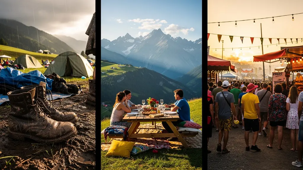 Panoramablick über verschiedene Schweizer Festivalgelände bei Sonnenuntergang