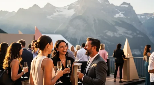 Elegante Menschen verschiedenen Alters bei einem Schweizer Kulturfestival mit Bergen im Hintergrund