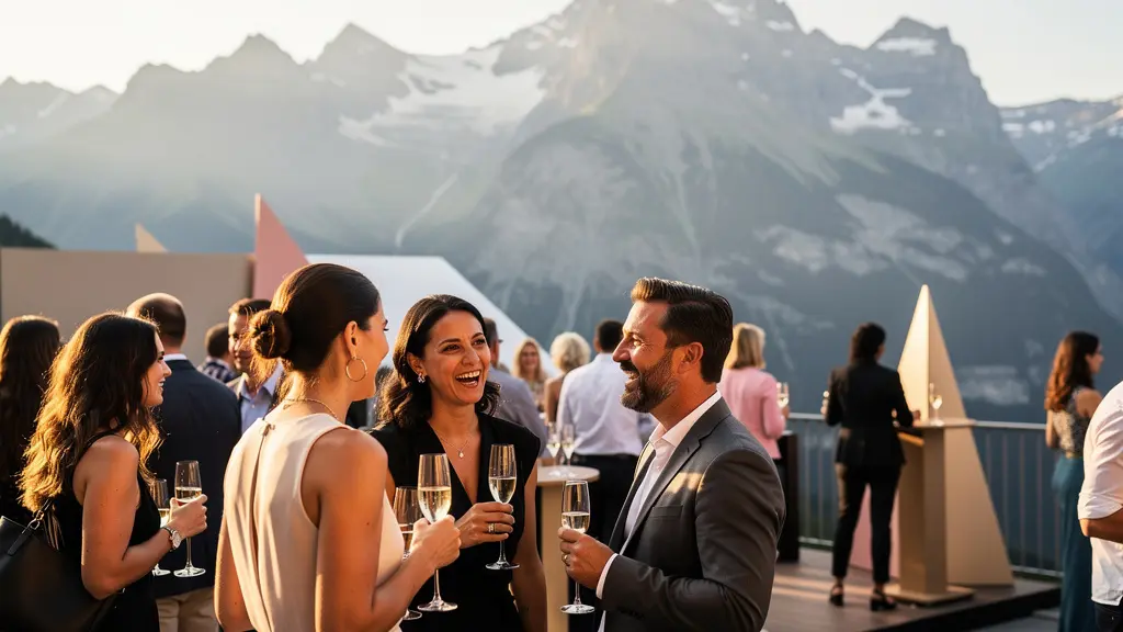 Elegante Menschen verschiedenen Alters bei einem Schweizer Kulturfestival mit Bergen im Hintergrund