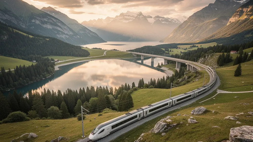 Panoramablick auf eine Schweizer Zugstrecke mit Bergen und Seen bei Sonnenuntergang