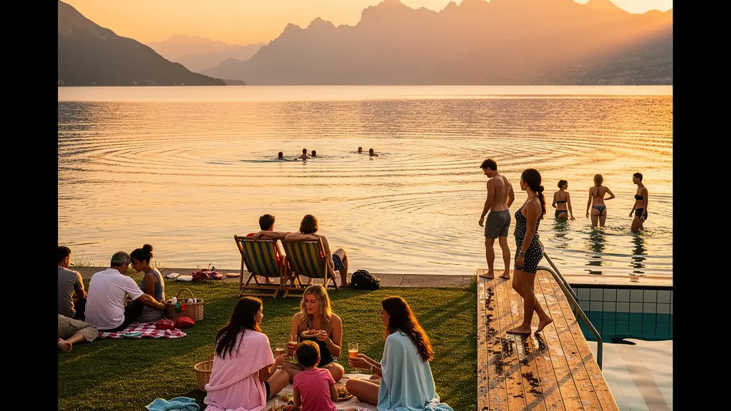 Stimmungsvolle Abendszene an einem Schweizer Seebad
