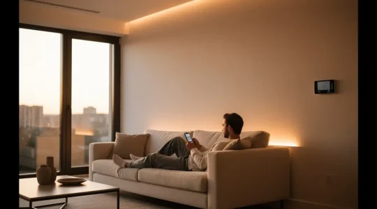 Modernes Wohnzimmer mit integrierter Smart Home Steuerung und automatisierten Geräten