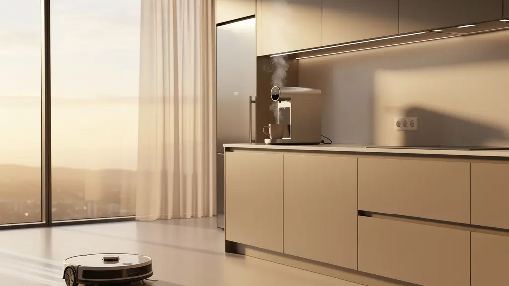 Moderne Küche am Morgen mit automatisierten Geräten, die Zeit sparen
