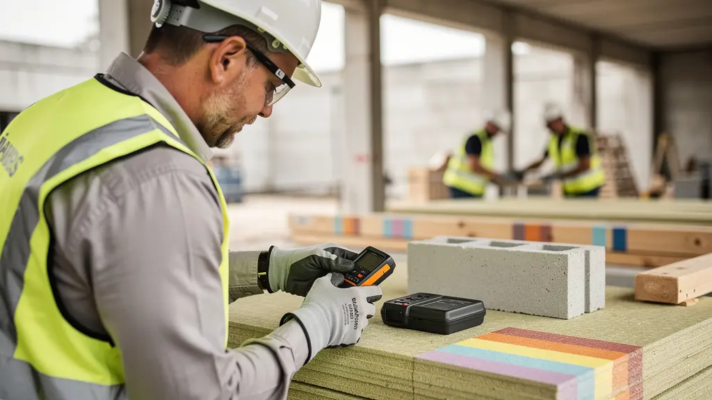 SNBS-Auditor bei der Materialprüfung auf einer Baustelle mit digitalen Prüfgeräten
