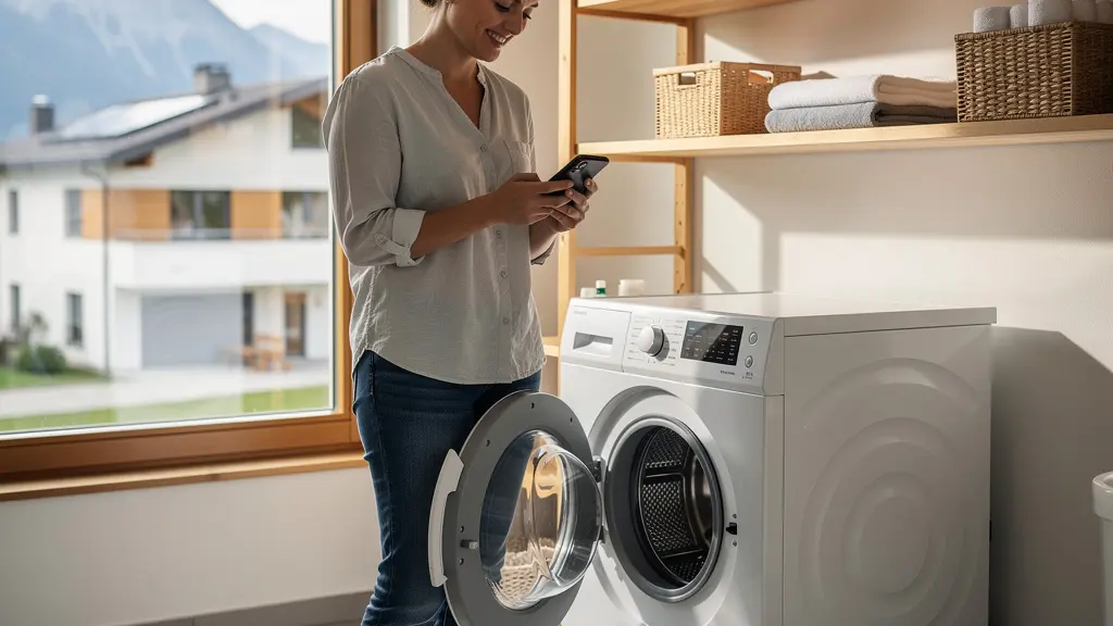 Zufriedener Schweizer Hausbesitzer, der auf seinem Smartphone die intelligente Energieverteilung seiner Solaranlage überprüft, während im Hintergrund eine Waschmaschine läuft.