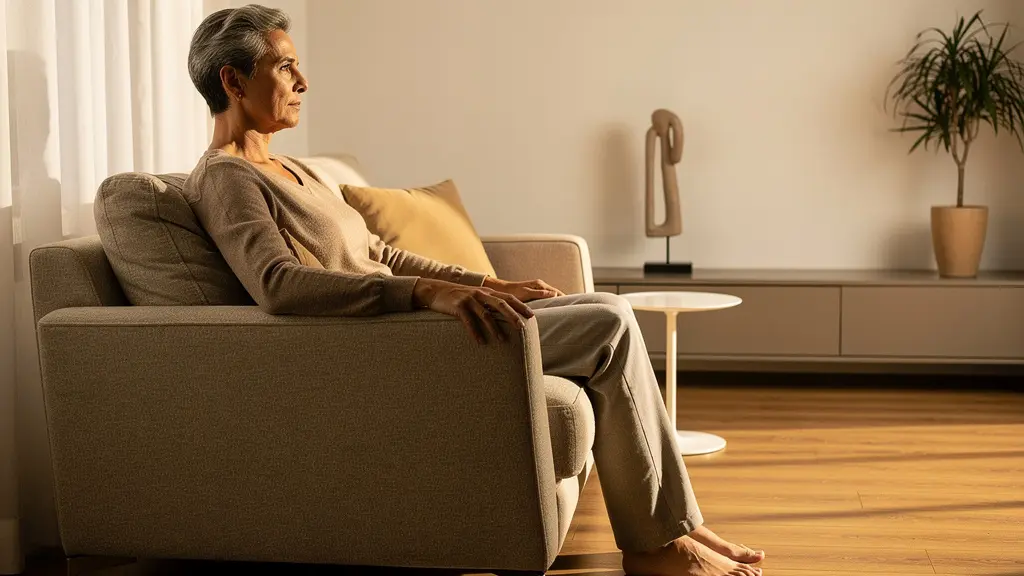 Modernes Sofa mit ergonomischer Formgebung in warmem Erdton, Person sitzt entspannt mit geradem Rücken