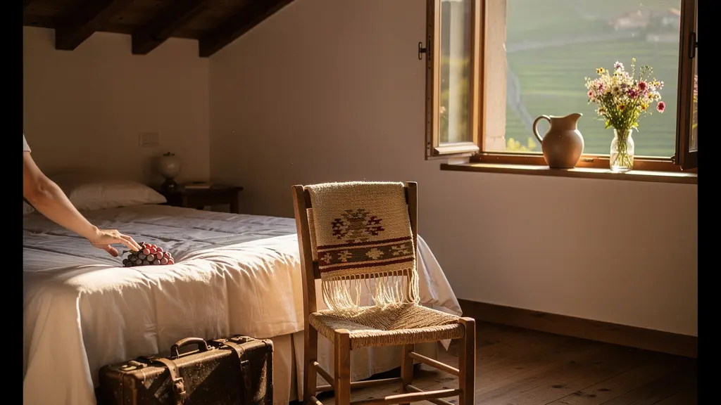 Traditionelles Winzerhaus mit Holzbalken und Blick auf die Weinberge