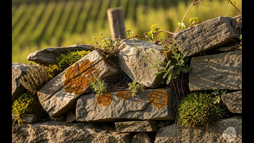 Nahaufnahme einer historischen Trockensteinmauer mit Weinreben im Lavaux