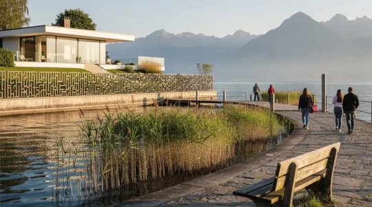 Kontrast zwischen öffentlichem Seezugang und privaten Villen am Schweizer Seeufer