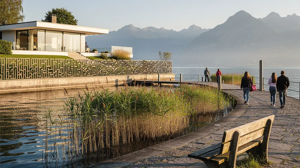 Kontrast zwischen öffentlichem Seezugang und privaten Villen am Schweizer Seeufer