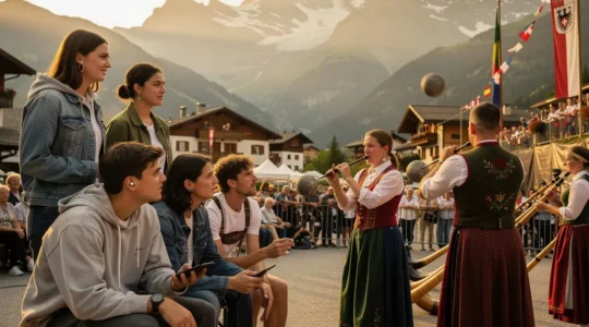 Junge Menschen in moderner Kleidung erleben traditionelles Schwingfest mit Alphörnern und Bergen im Hintergrund