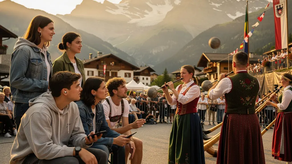 Junge Menschen in moderner Kleidung erleben traditionelles Schwingfest mit Alphörnern und Bergen im Hintergrund