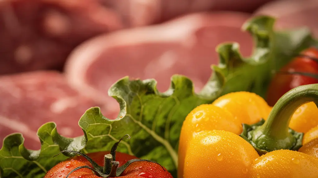 Makroaufnahme von frischem Gemüse mit Wassertropfen neben verschwommenem Fleisch