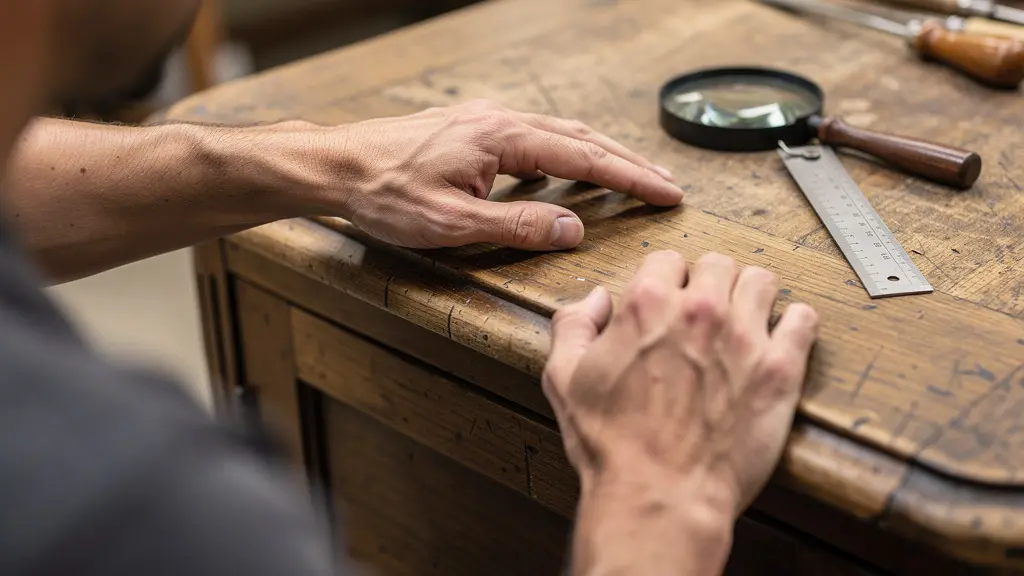 Detailaufnahme einer Qualitätsprüfung an antikem Holzmöbel