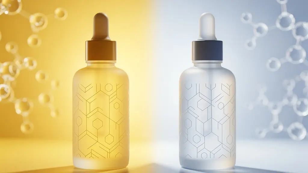 Zwei Hautpflegeseren nebeneinander mit molekularen Strukturen im Hintergrund