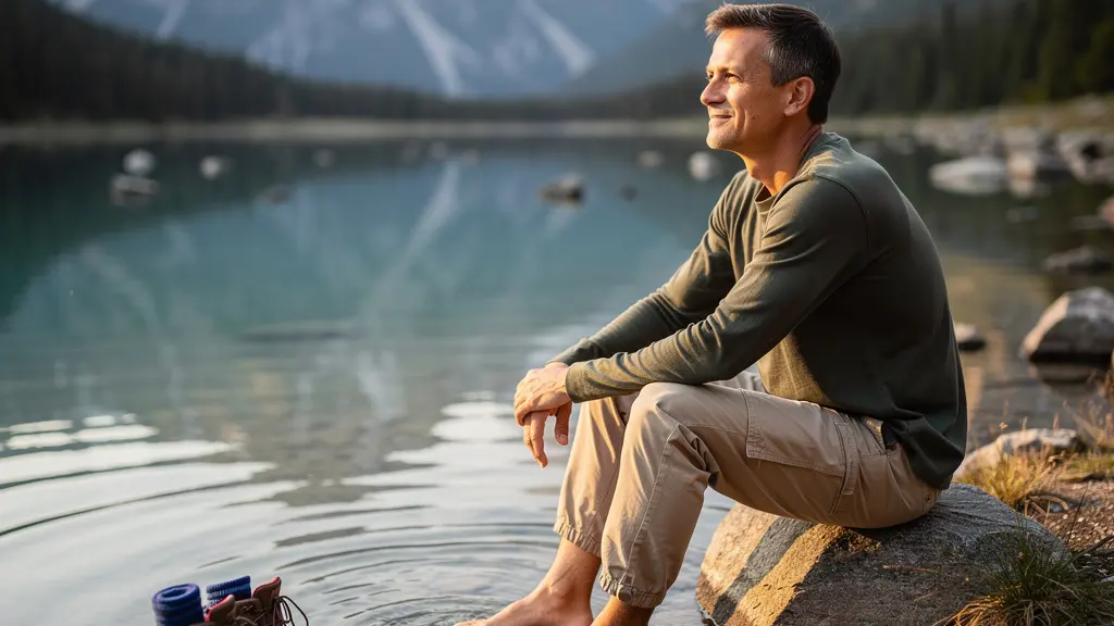 Wanderer entspannt an Bergsee nach aktiver Wanderung