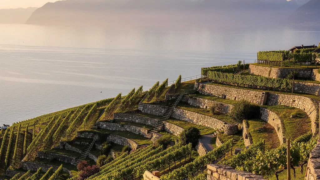 Panoramablick auf die Lavaux Weinterrassen am Genfersee mit Wanderweg