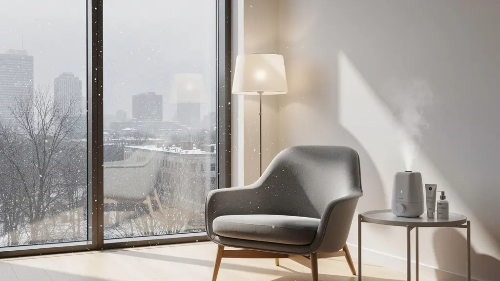 Minimalistische Darstellung eines modernen Wohnraums mit sichtbaren Luftpartikeln im Gegenlicht