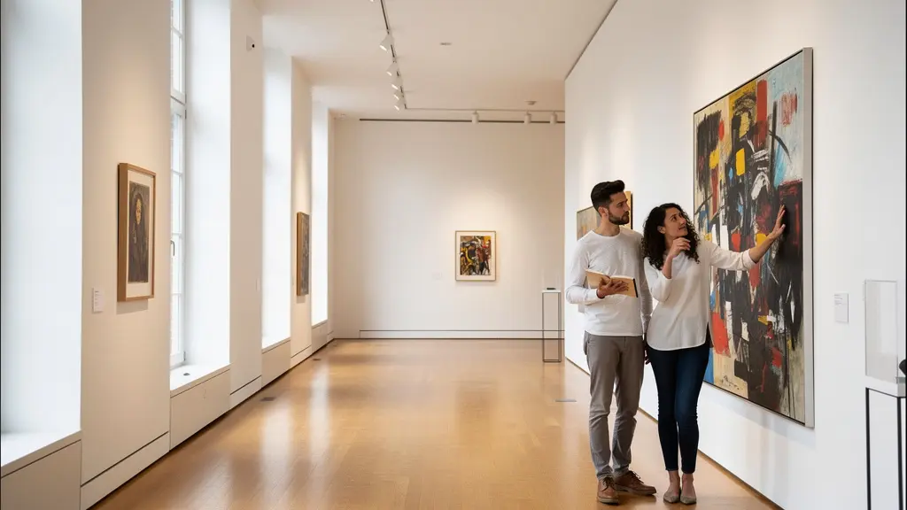 Kunstinteressierte betrachten Gemälde in moderner Zürcher Galerie mit hellem Tageslicht