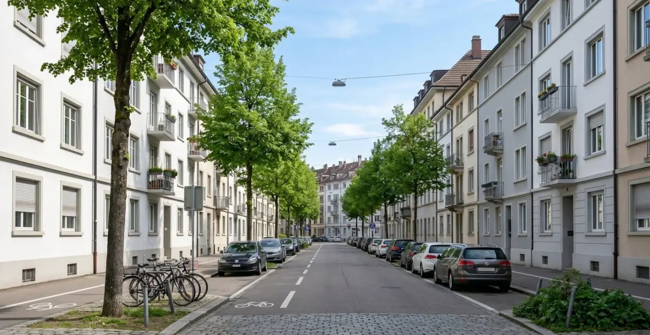 Weitwinkelaufnahme einer ruhigen Strasse im Basler Quartier Gundeldingen mit typischen Schweizer Mehrfamilienhäusern und Strassenbäumen bei Tageslicht