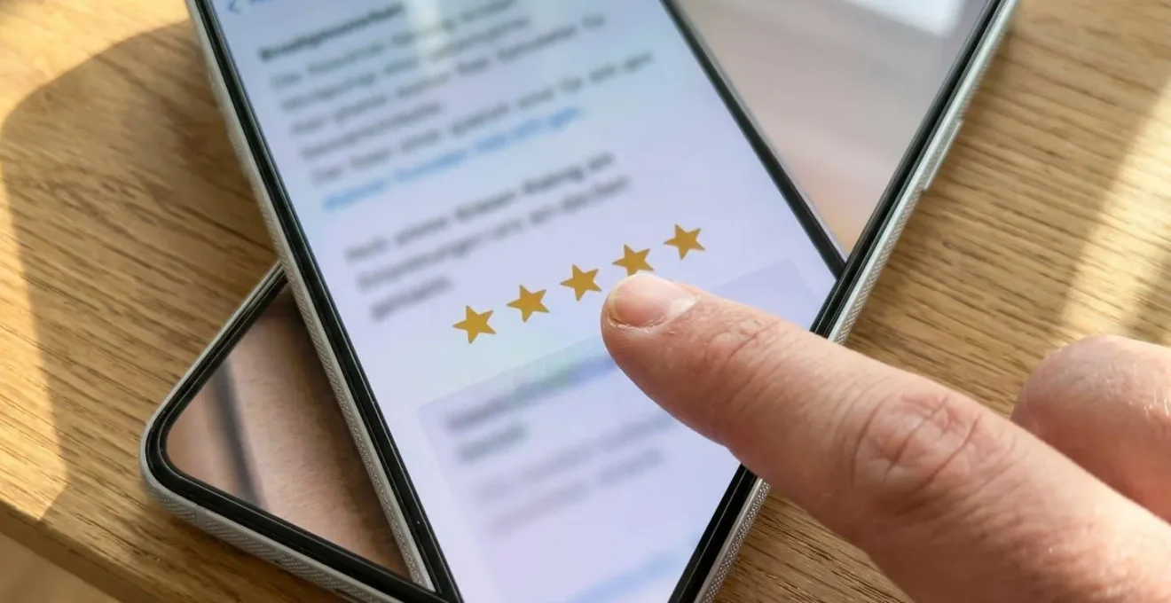 Nahaufnahme einer Hand, die mit dem Zeigefinger auf eine unscharfe Sternebewertung auf einem Smartphone-Display zeigt