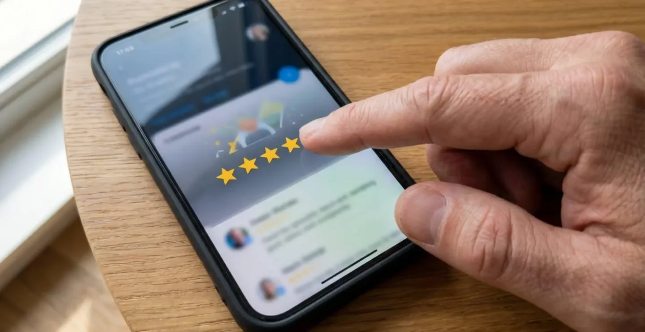 Nahaufnahme einer Hand, die mit dem Zeigefinger auf eine unscharfe Sternebewertung auf einem Smartphone-Display zeigt