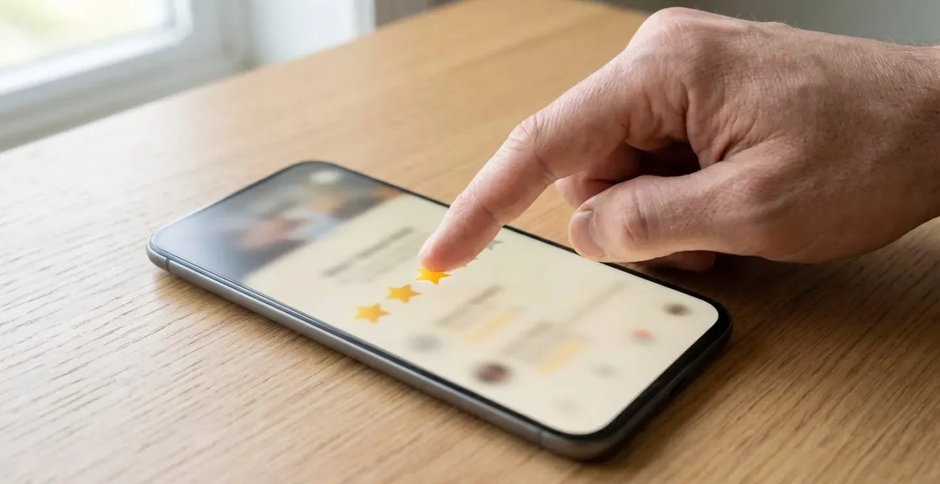 Nahaufnahme einer Hand, die mit dem Zeigefinger auf eine unscharfe Sternebewertung auf einem Smartphone-Display zeigt