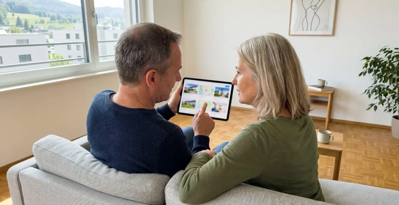 Ein Paar mittleren Alters sitzt auf einem modernen Sofa und betrachtet gemeinsam ein Tablet in einem hellen Wohnzimmer mit Parkettboden